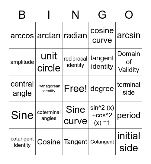 Trig Vocab Bingo Card