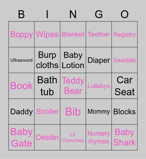 Virtual Baby Shower Bingo Card