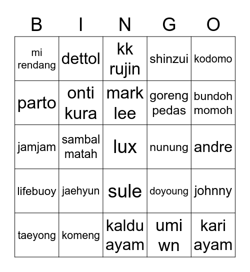 jamjam Bingo Card