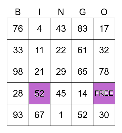 Numbers 1-99 Bingo Card
