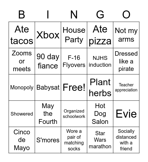 Things We Did The Past 7 Days Bingo Card