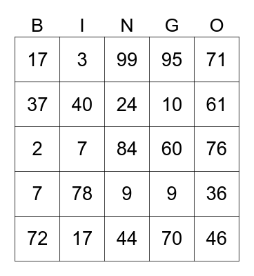 NUMBER Bingo Card