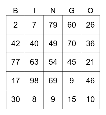 NUMBER Bingo Card