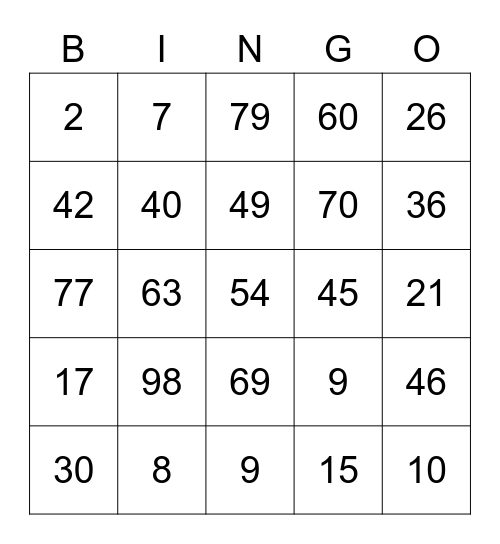 NUMBER Bingo Card