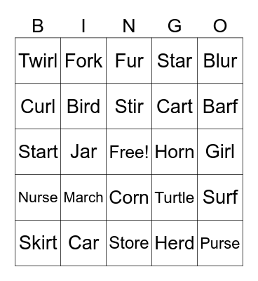 R Controlled Vowels Bingo Card