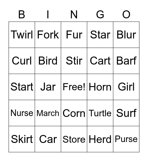 R Controlled Vowels Bingo Card