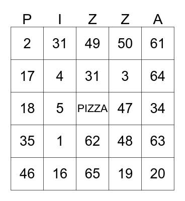 JJ Twig's Pizza and Pub Bingo Card