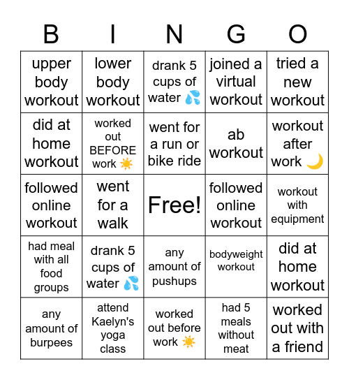 May week 2 werkout Bingo Card