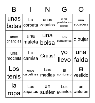 La ropa Bingo Card