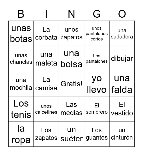 La ropa Bingo Card