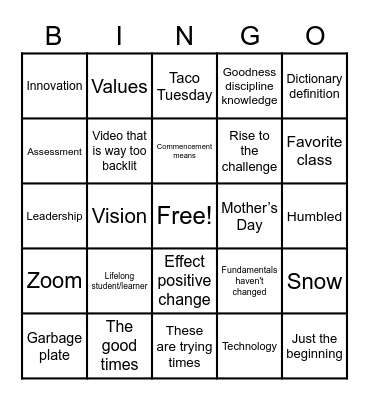 SJFC Commencement 2020 Bingo Card