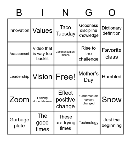 SJFC Commencement 2020 Bingo Card