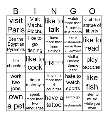 ESOL Ice Breaker Bingo Card