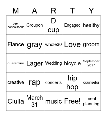 Soon to be Mr. and Mrs. Marty Thompson Bingo Card
