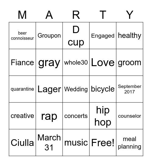 Soon to be Mr. and Mrs. Marty Thompson Bingo Card
