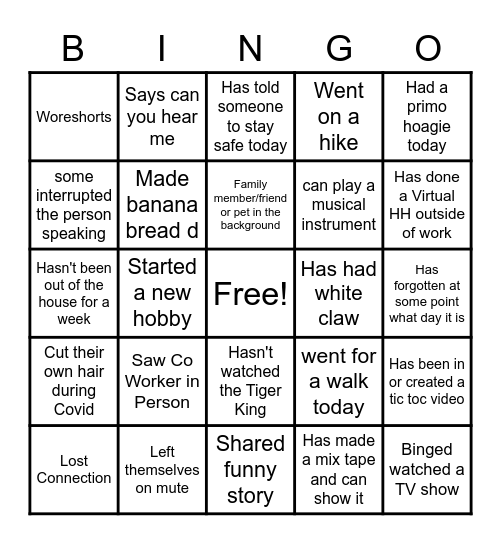 Virtual Happy Hour Bingo Card