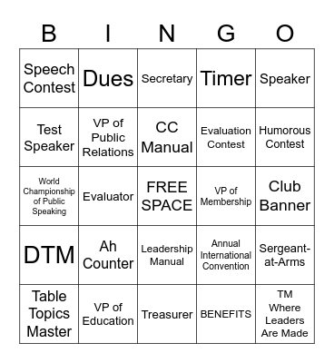 Toastmasters Bingo Card
