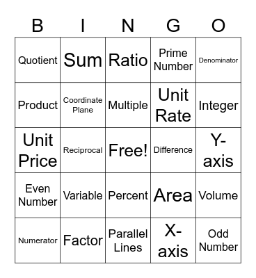 Math Vocabulary Bingo Card