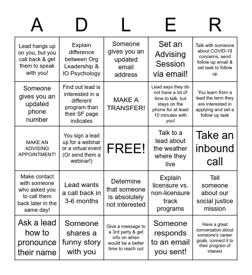 Specialist ADLER Call BINGO! Bingo Card