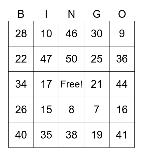 Number Bingo Card