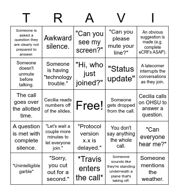 TRAVIS Bingo Card
