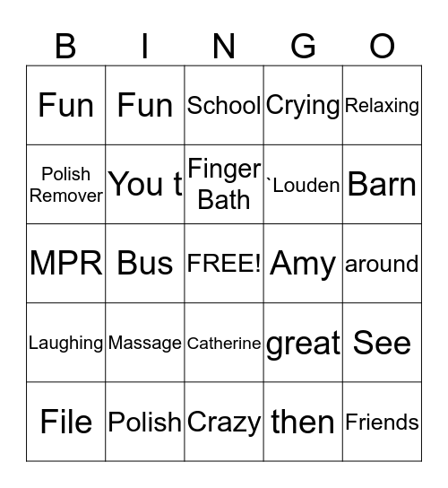 Spa Fun Bingo Card