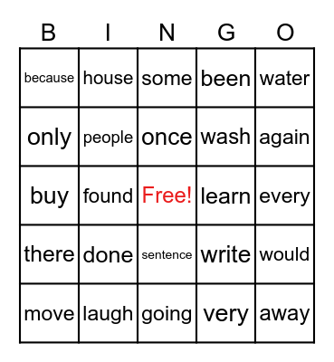 Sight word bingo Card