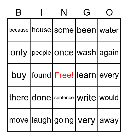 Sight word bingo Card