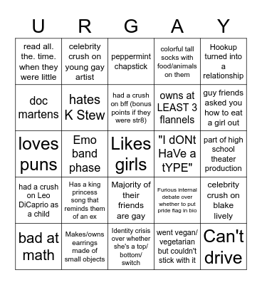 Gay Girl Bingo Card