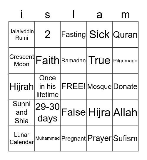 Islamic bingo Card