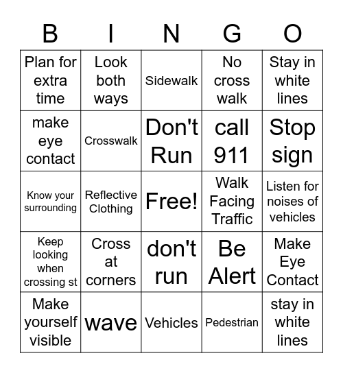 Defensive Walking Bingo Card