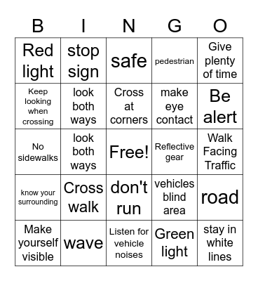 Pedestrian Safety Bingo Card