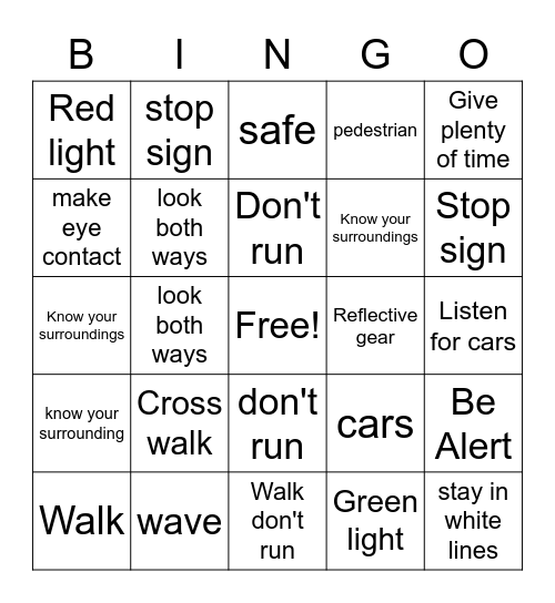 Defensive Walking Bingo Card