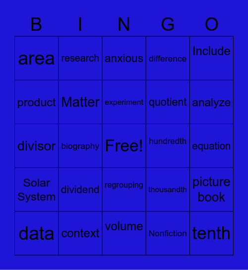 5th Grade Specialist Bingo Card