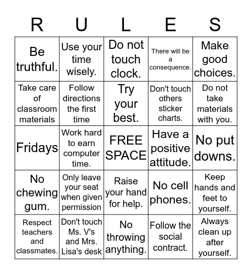 Classroom Rules  Bingo Card