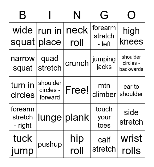 Exercise Bingo Card