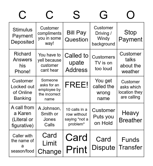 Call center Bingo Card
