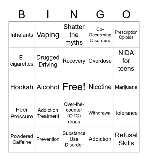 Drugs & Alcohol Bingo Card