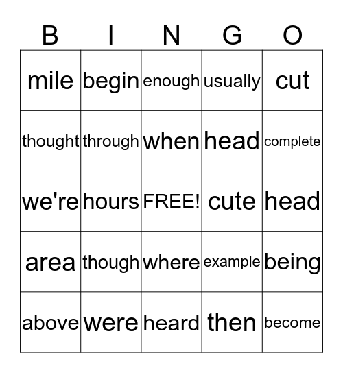 Mia's Words Bingo Card