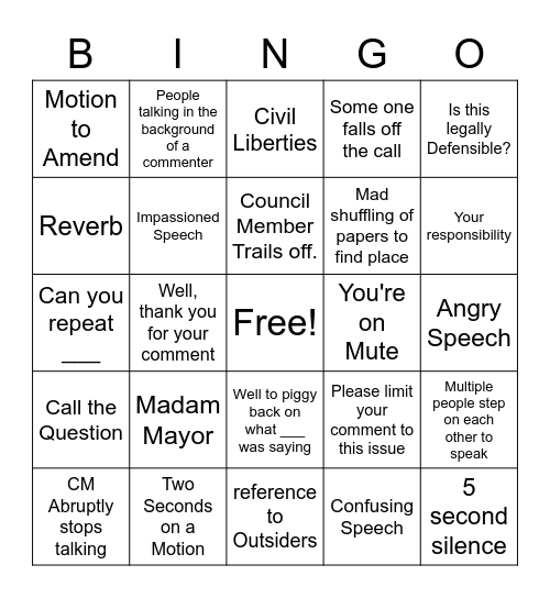 City Council Bingo Card