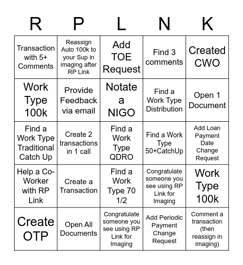 RP LINK --Imaging Bingo Card