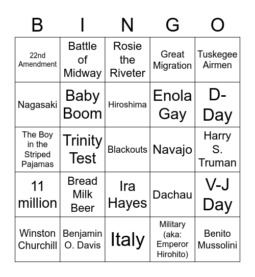 World War II Bingo (Section 2) Bingo Card