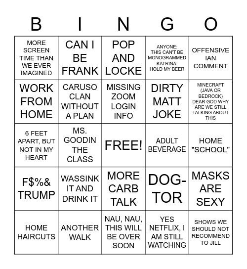 Coe-vid Bingo Card