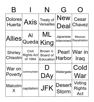 American Studies Bingo Card