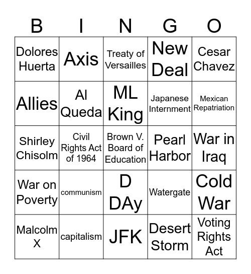 American Studies Bingo Card