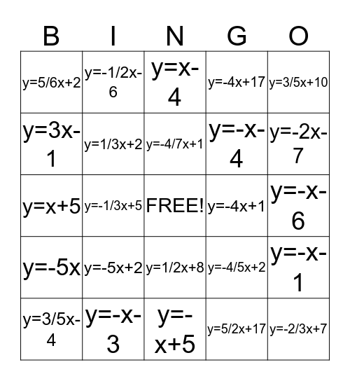 Equations of Line Bingo Card