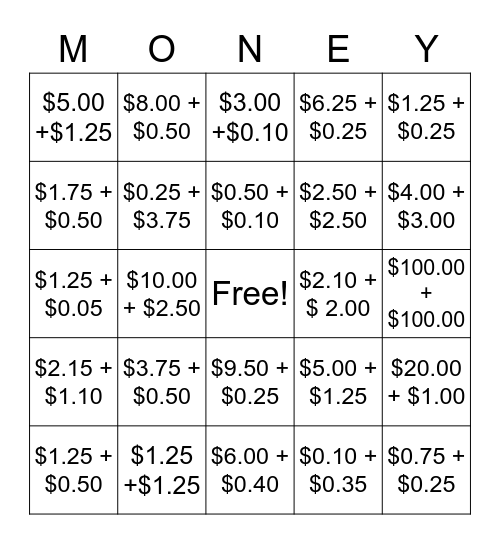 Money Bingo Card