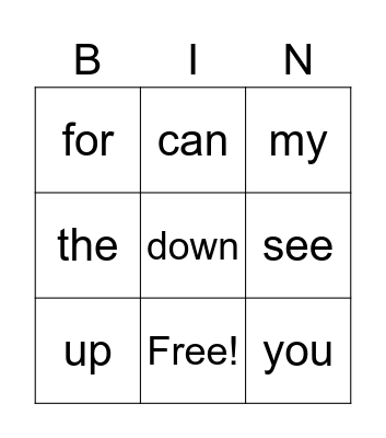 Sight Words Bingo Card