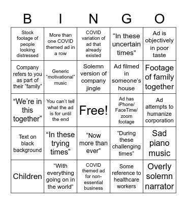 Corporate COVID-19 Ads Bingo Card