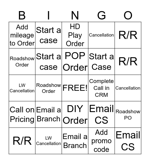 Order Entry Bingo Card